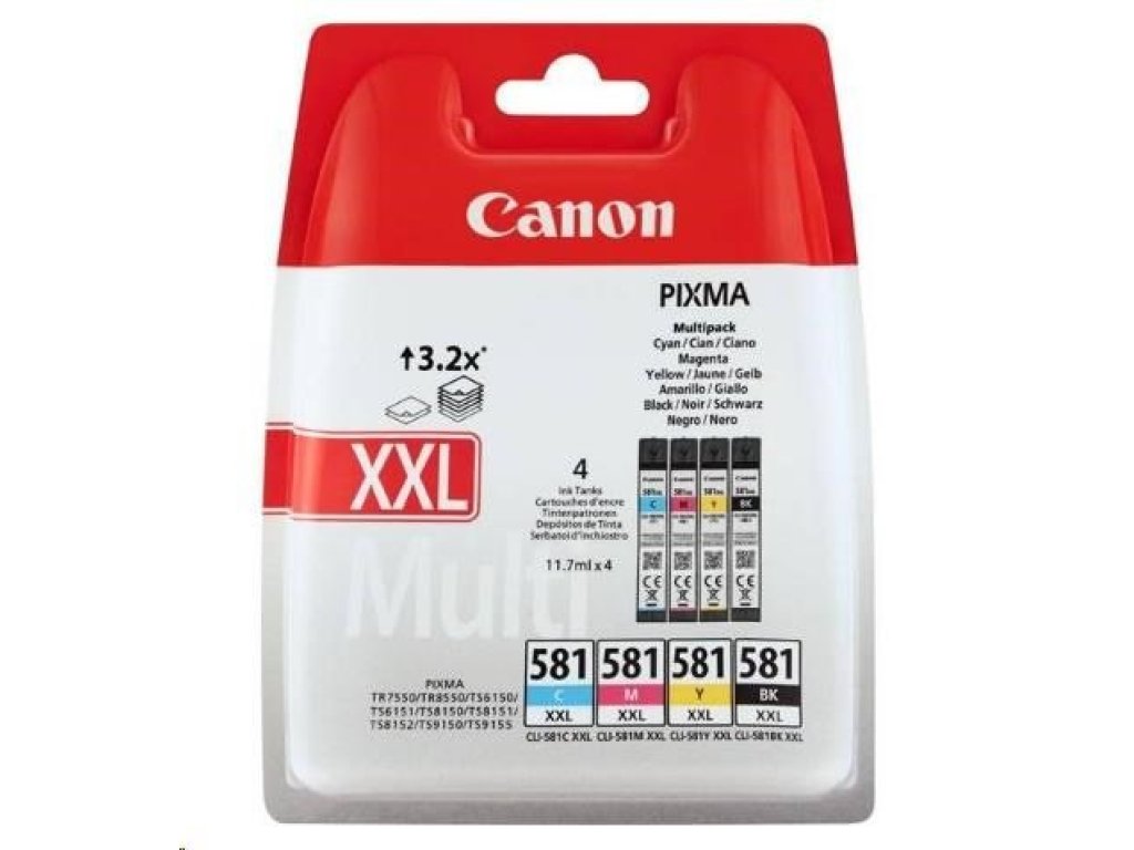 Canon CLI-581XXL C/M/Y/BK Multi Pack - 4-balení - 11.7 ml - velikost XXL - černá, žlutá, azurová, purpurová - originální (1998C007)