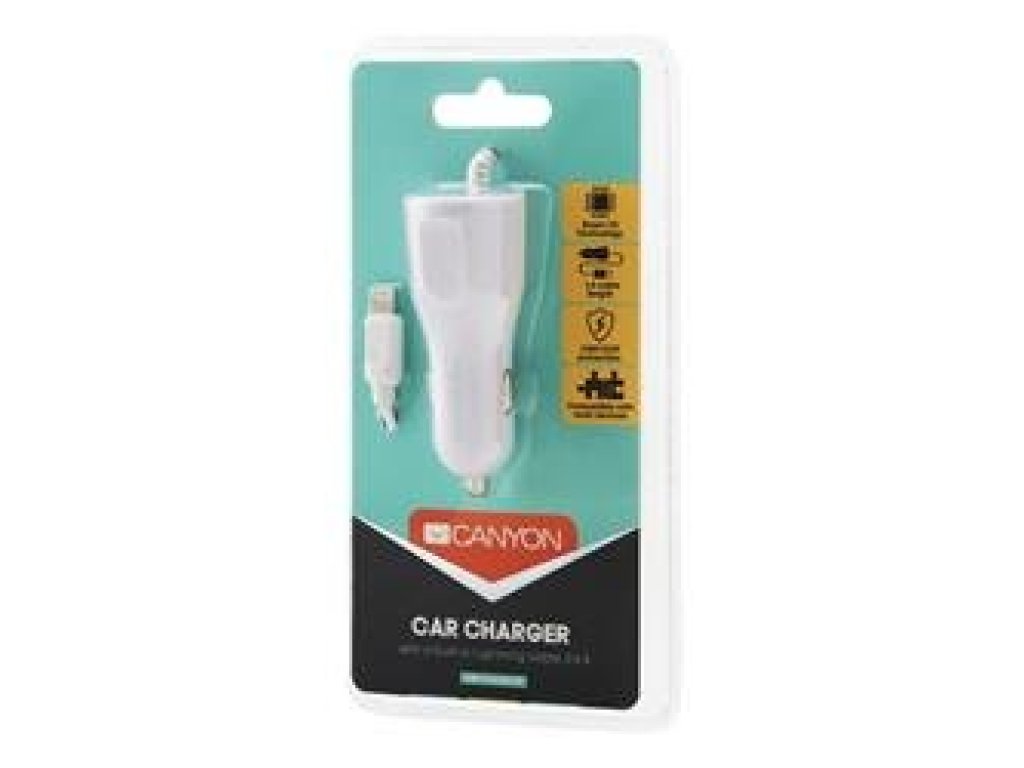 CANYON Univerzální 1xUSB auto nabíjecka s lighting kabelem, Input 12V-24V, Output 5V-2.4A, Smart IC, bílá (CNE-CCA033W-US)