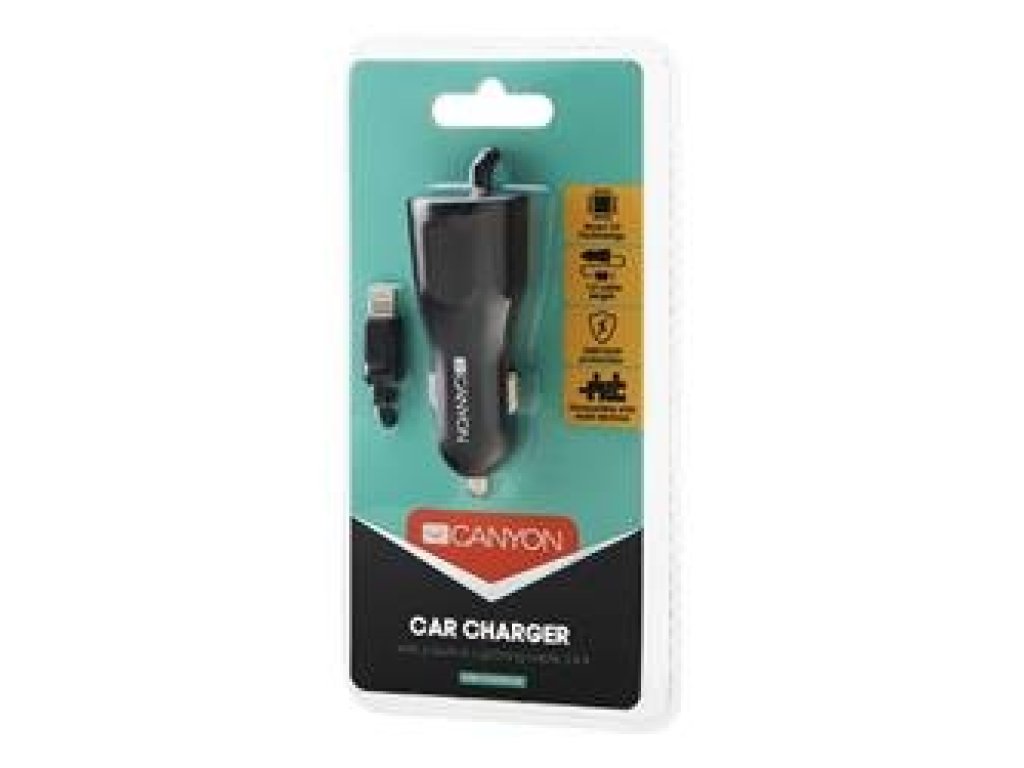 CANYON Univerzální 1xUSB auto nabíjecka s lighting kabelem, Input 12V-24V, Output 5V-2.4A, Smart IC, cerná (CNE-CCA033B-US)