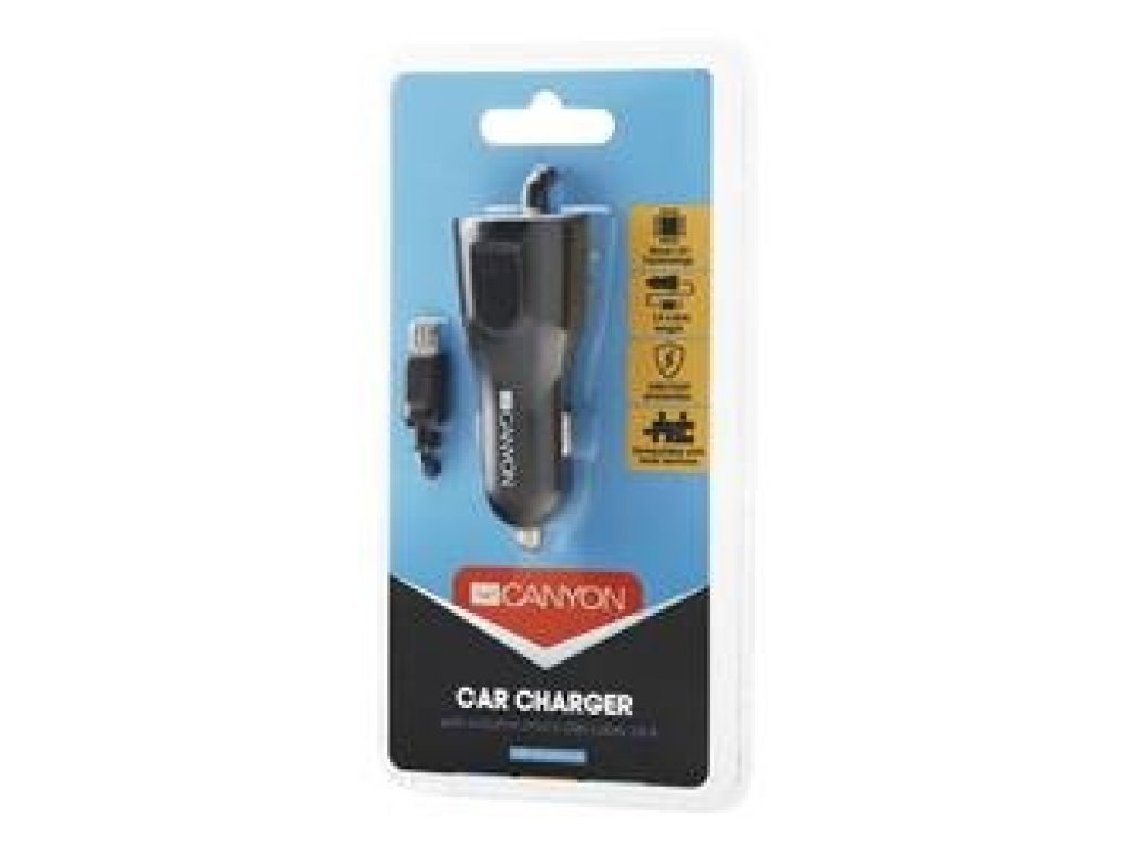 CANYON Univerzální 1xUSB auto nabíjecka s micro USB kabelem, Input 12V-24V, Output 5V-2.4A, Smart IC, cerná (CNE-CCA033B-US)