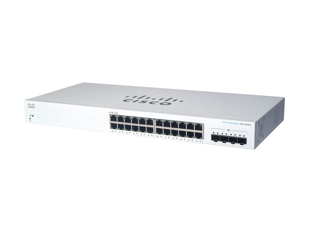 CISCO Business 220 Series CBS220-24P-4G - Přepínač, inteligentní, 24 x 10/100/1000 (PoE+) + 4 x Gigabit SFP (uplink), Lze montovat do rozvaděče, PoE+ (195 W) (CBS220-24P-4G-EU)