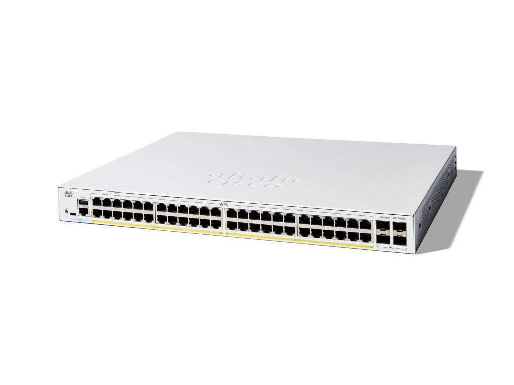 CISCO Catalyst 1200-48P-4X - Přepínač, L3 inteligentní, 48 x 10/100/1000 (PoE+) + 4 x 10 Gigabit SFP+, Lze montovat do rozvaděče, PoE+ (375 W) (C1200-48P-4X)