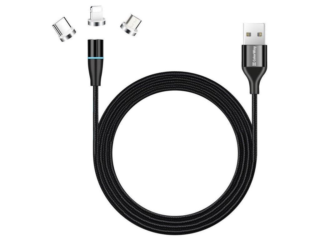 Colorway Datový Kabel 3v1 Lightning+MicroUSB+USB-C/ Magnetic/ 2.4A/ Nylon/ Quick Charge 3.0/ 1m (CW-CBUU038-BK)