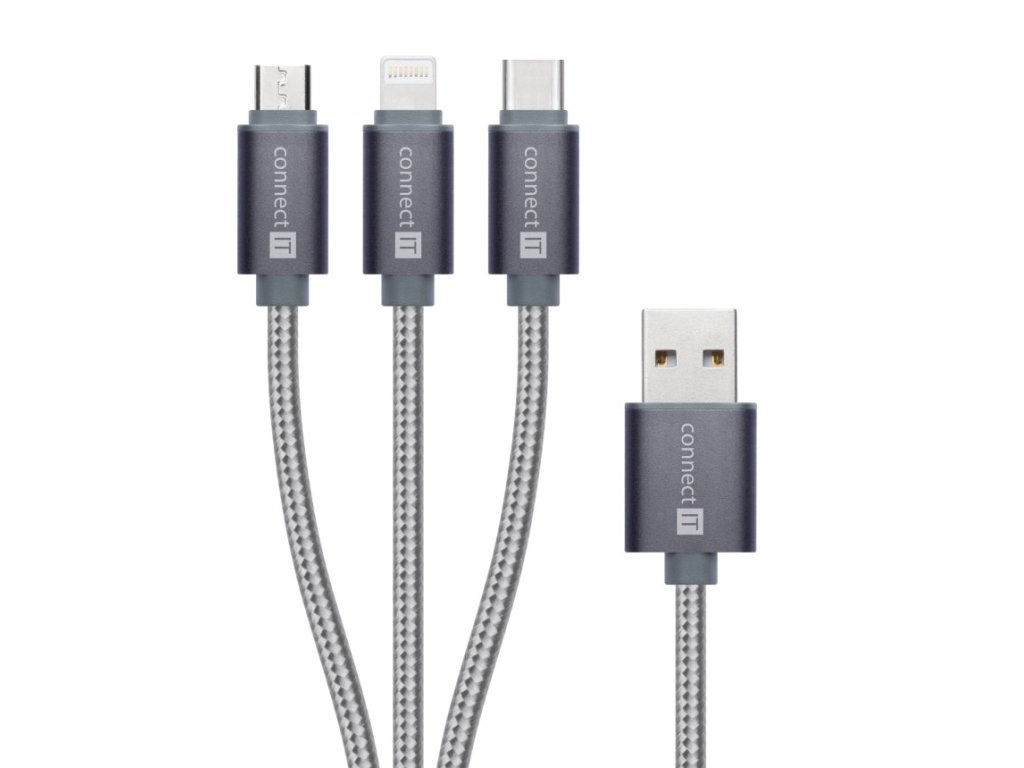 CONNECT IT kabel USB Wirez 3in1, C/B micro/Lightning-A, M/M/M/M, propojovací, 1,2m, šedý (CI-1229)
