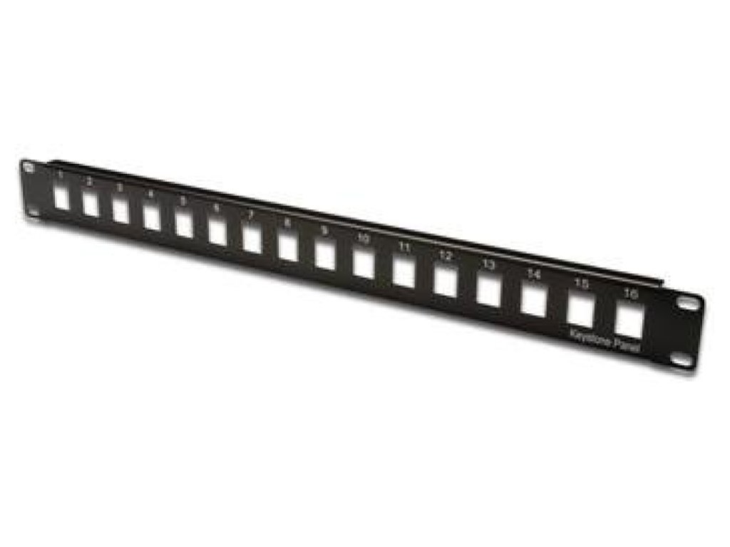 DIGITUS 19" Patch panel, nestínený, 16 portu, neosazený, 1U, cerná barva RAL 9005