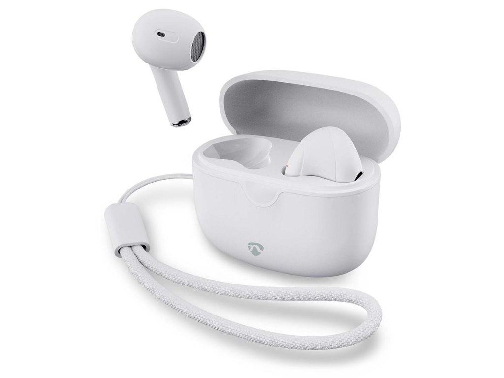 NEDIS bezdrátová sluchátka + mikrofon - TWS, BT, 94 dB, výdrž 16 hodin, hlasové ovládání, nabíjecí pouzdro, USB-C, bílé (HPBT2400WT)