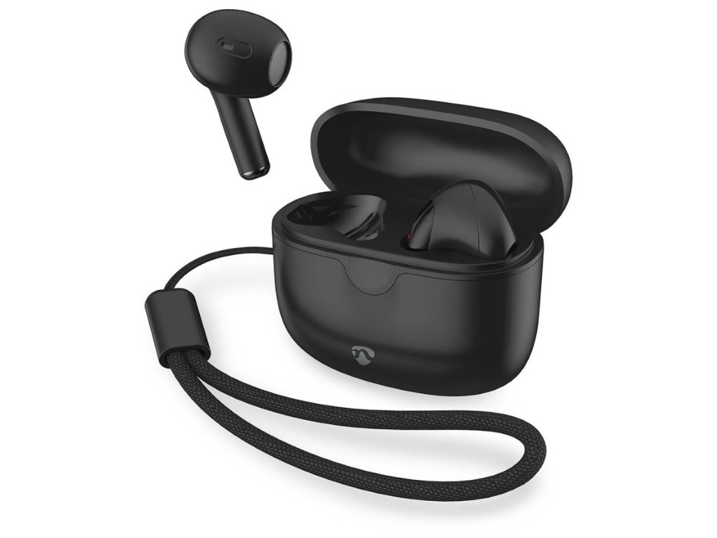 NEDIS bezdrátová sluchátka + mikrofon - TWS, BT, 94 dB, výdrž 16 hodin, hlasové ovládání, nabíjecí pouzdro, USB-C, černé (HPBT2400BK)