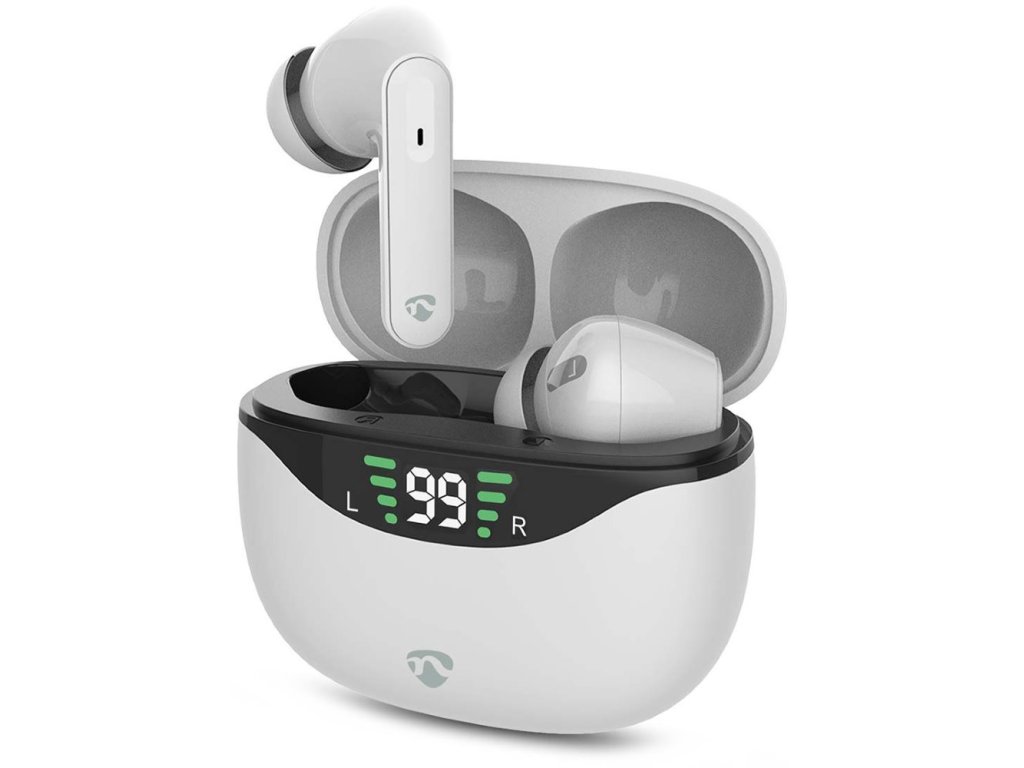 NEDIS bezdrátová sluchátka + mikrofon - TWS, BT, výdrž 30 hod, 100 dB, ovládání dotykem, nabíjecí pouzdro, USB-C, bílé (HPBT2450WT)