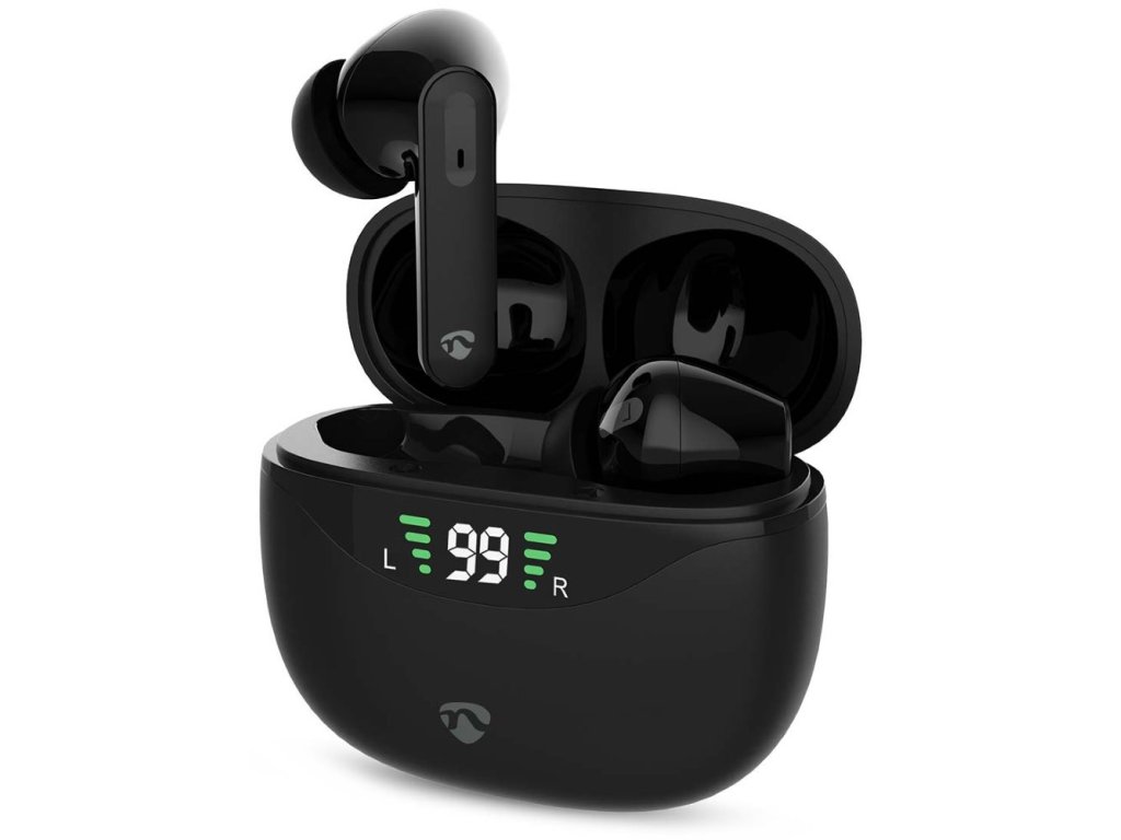 NEDIS bezdrátová sluchátka + mikrofon - TWS, BT, výdrž 30 hod, 100 dB, ovládání dotykem, nabíjecí pouzdro, USB-C, černé (HPBT2450BK)