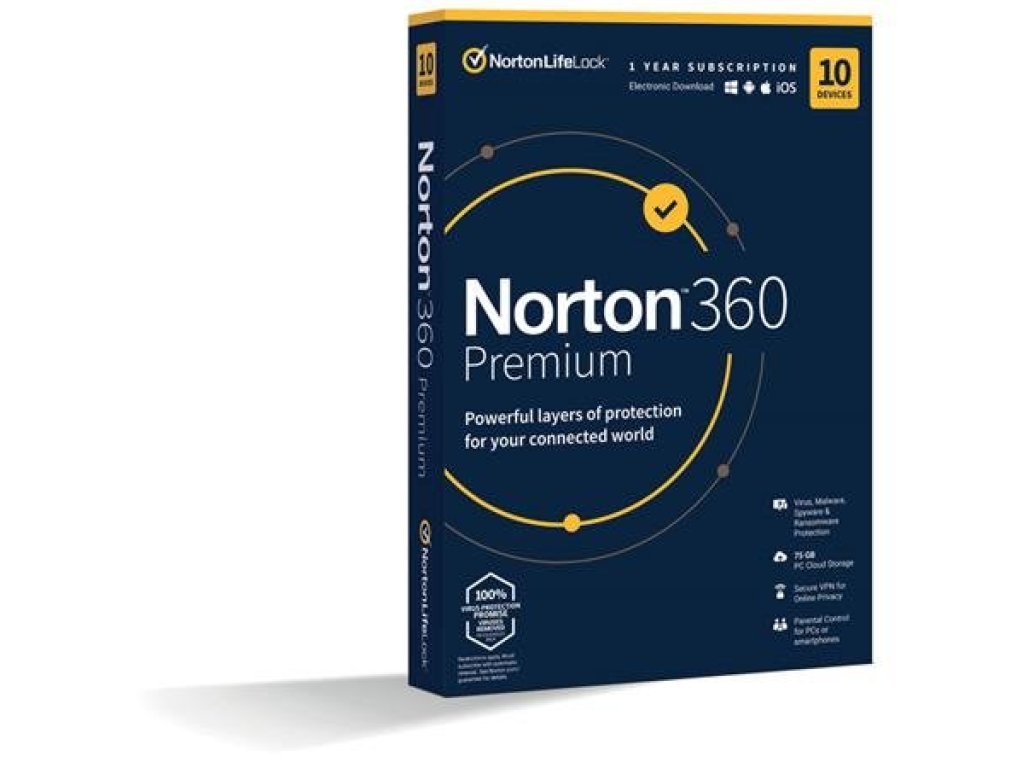 NORTON 360 PREMIUM 75GB +VPN 1 uživatel pro 10 zařízení na 1 rok ESD
