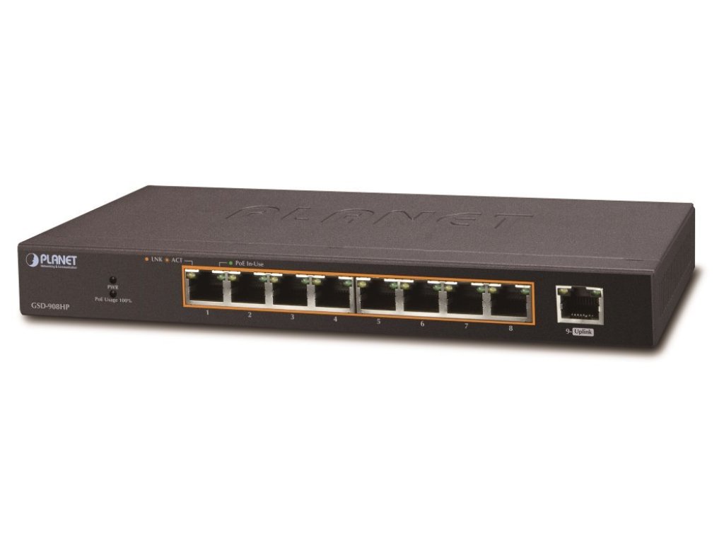 PLANET PoE switch 1Gbps, 9xTP, 8xPoE 802.3at 30W/120W, fanless (GSD-908HP)