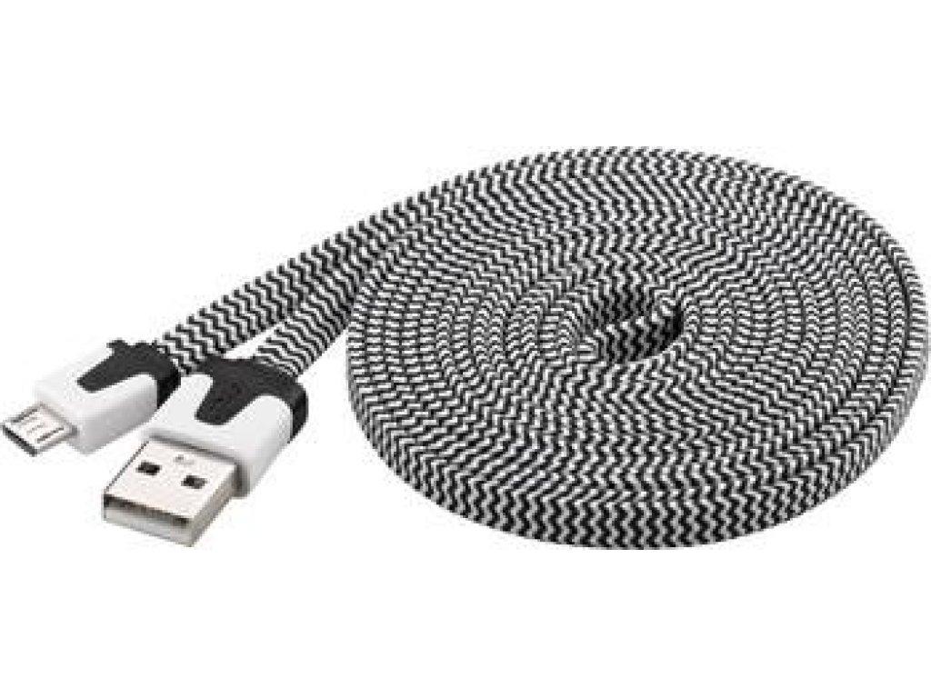 PREMIUMCORD kabel USB 2.0, A-B micro, M/M, propojovací, 2m, černo-bílý, plochý, opletený (ku2m2ft)