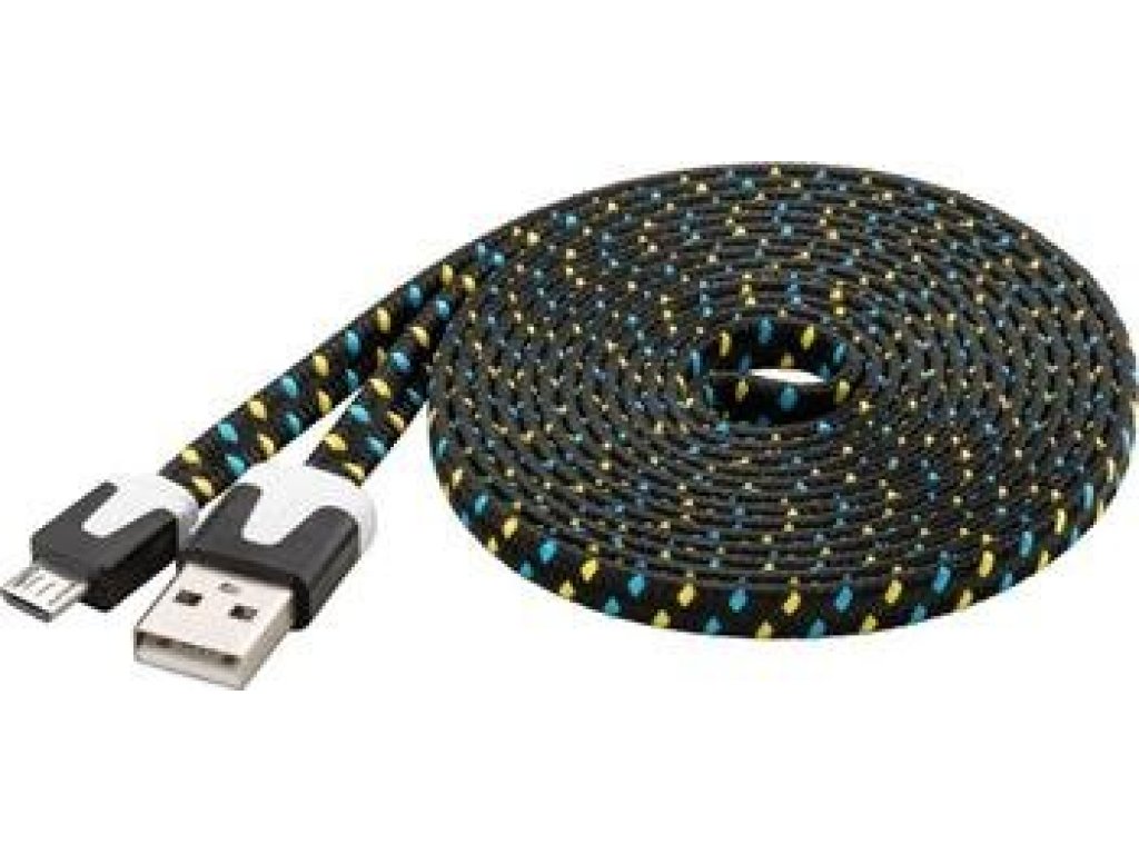 PREMIUMCORD kabel USB 2.0, A-B micro, M/M, propojovací, 2m, černo-modro-žlutý, plochý, opletený (ku2m2ft1)