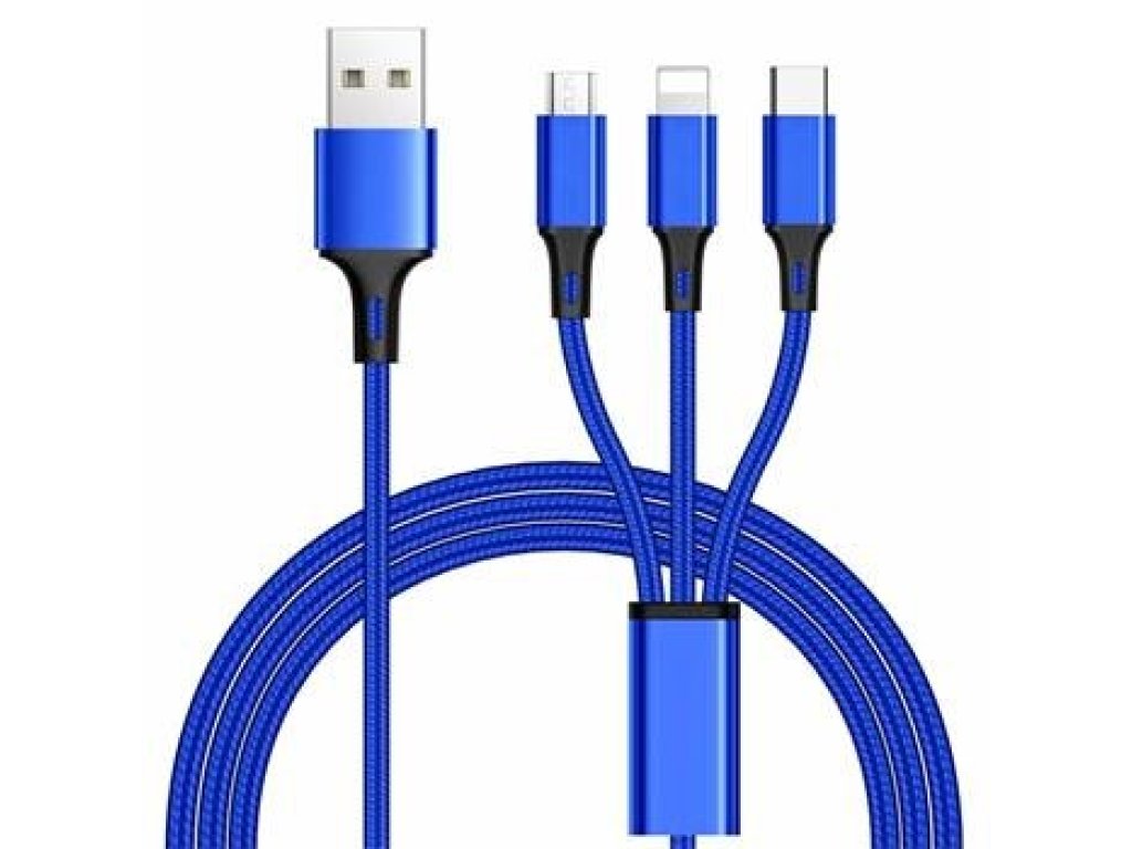 PREMIUMCORD kabel USB, A-Lightning+C+B micro, M/M+M+M, propojovací, 1,2m, modrý (ku31pow01)