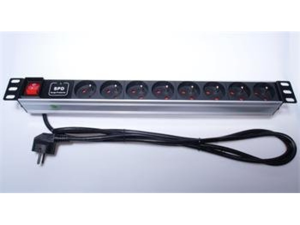 PremiumCord Panel napájecí 1U do 19" racku, 8x230V, prepetová ochrana, 2m kabel, vypínač