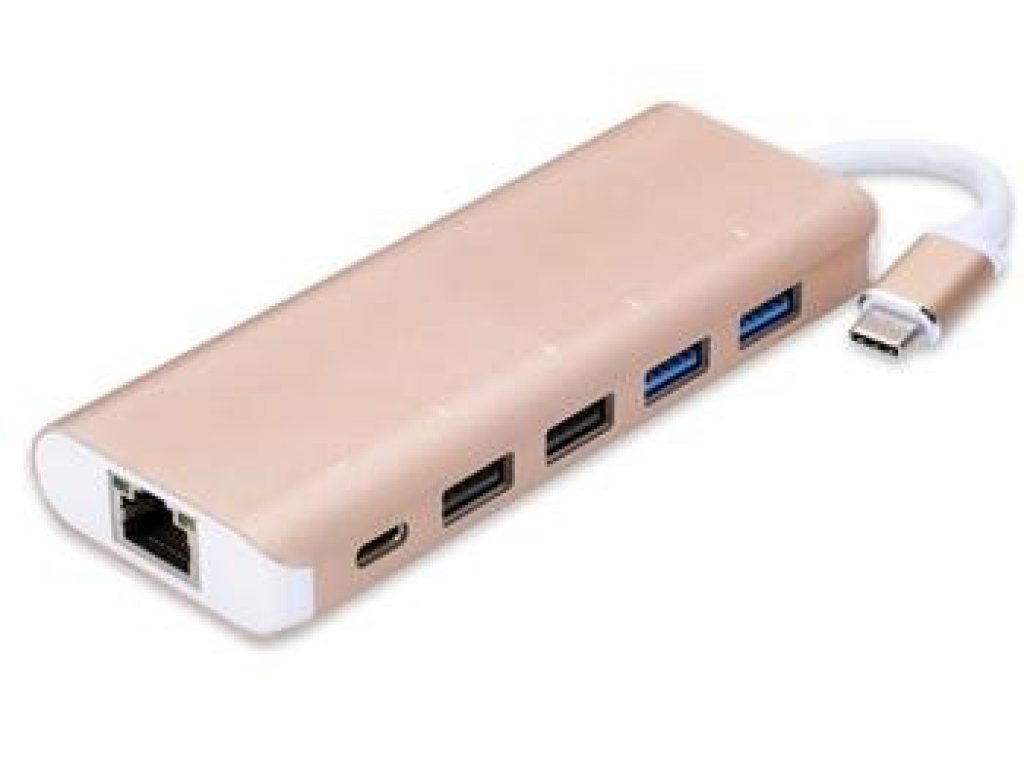 PREMIUMCORD USB hub, C-RJ45+2xA 3.0+2x A 2.0+PD, zlatý (ku31hub04)