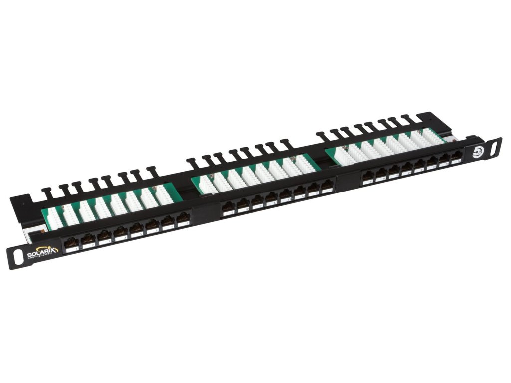 SOLARIX - patch panel, Patch panel Solarix 24xRJ45 CAT5E UTP s vyvazovací lištou cerný 0,5U