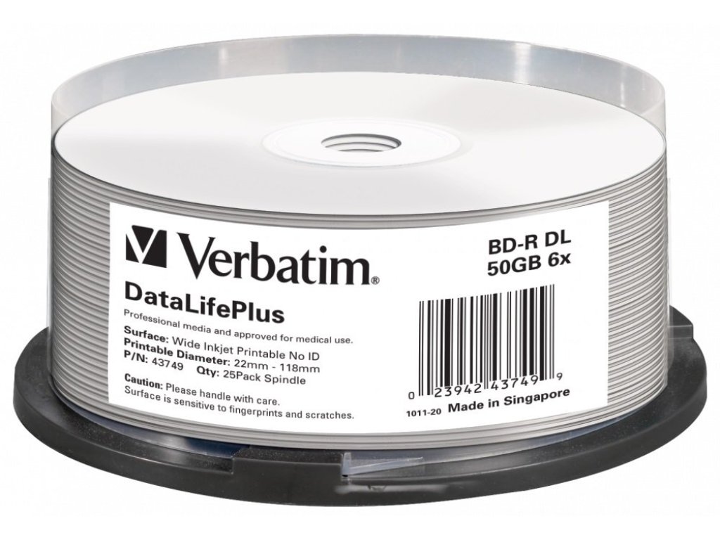 VERBATIM Blu-ray BD-R DL 50GB 6x WIDE Profesional Printable 25-cake NON-ID (43749)