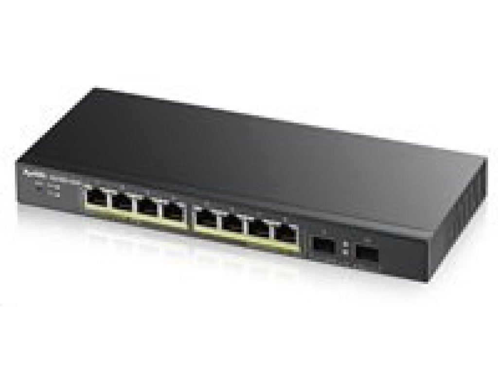 Zyxel GS1900-10HP v2 - 10-port Desktop Gigabit Web Smart PoE Switch, 8x gigabit PoE RJ45, 2x SFP, 70W PoE budget, fanless (GS1900-10HP-EU0102F)