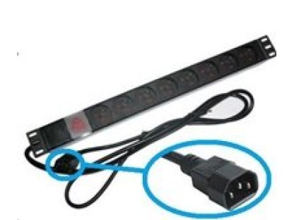 19" rozvodný panel 8x230V/10A, CSN, přívodní kabel do UPS (IEC320 C14), vypínač, indikátor napetí, kabel 1,8m, 1U