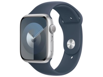 APPLE Watch Series 9 GPS 45mm Silver Aluminium Case with Storm Blue Sport Band - M/L (MR9E3QC/A)