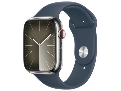 APPLE Watch Series 9 GPS + Cellular 45mm Silver Stainless Steel Case with Storm Blue Sport Band - S/M (MRMN3QC/A)