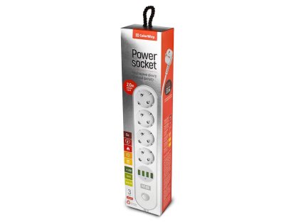 COLORWAY Prodlužovací napájecí přívod / 4x Schuko/ 4x USB 5V / kabel 2m (CW-CHE44W)