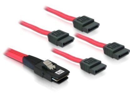 DELOCK kabel SAS, mini SAS SFF-8087-4x SATA, 1m, červený (83074)