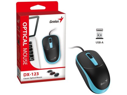 Genius DX-123 Myš, drátová, optická, 1200DPI, 3 tlačítka, USB, černo-modrá (31010033405)