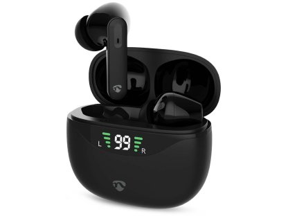 NEDIS bezdrátová sluchátka + mikrofon - TWS, BT, výdrž 30 hod, 100 dB, ovládání dotykem, nabíjecí pouzdro, USB-C, černé (HPBT2450BK)