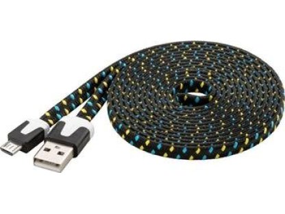 PREMIUMCORD kabel USB 2.0, A-B micro, M/M, propojovací, 2m, černo-modro-žlutý, plochý, opletený (ku2m2ft1)
