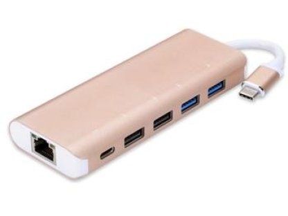 PREMIUMCORD USB hub, C-RJ45+2xA 3.0+2x A 2.0+PD, zlatý (ku31hub04)