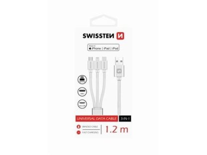 SWISSTEN DATOVÝ KABEL TEXTILE 3in1 MFi 1,2 M STRÍBRNÝ (72501102)