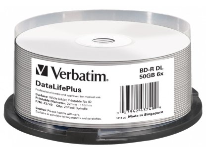 VERBATIM Blu-ray BD-R DL 50GB 6x WIDE Profesional Printable 25-cake NON-ID (43749)