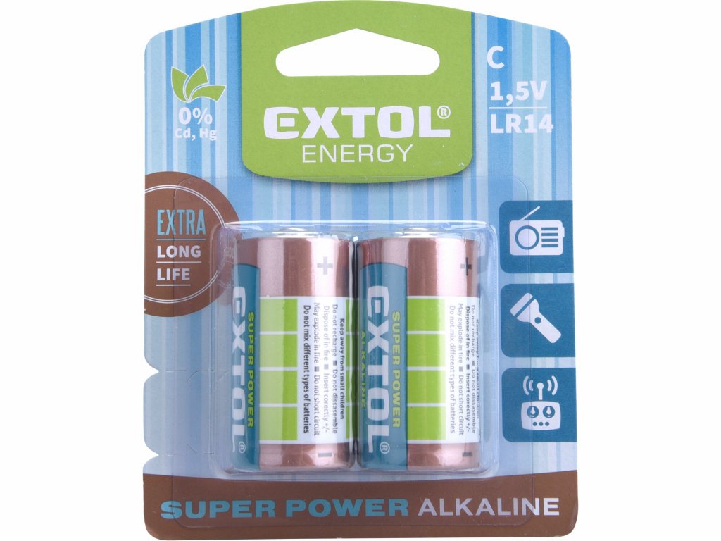 Batéria alkalická 2ks, 1,5V, typ C, EXTOL ENERGY