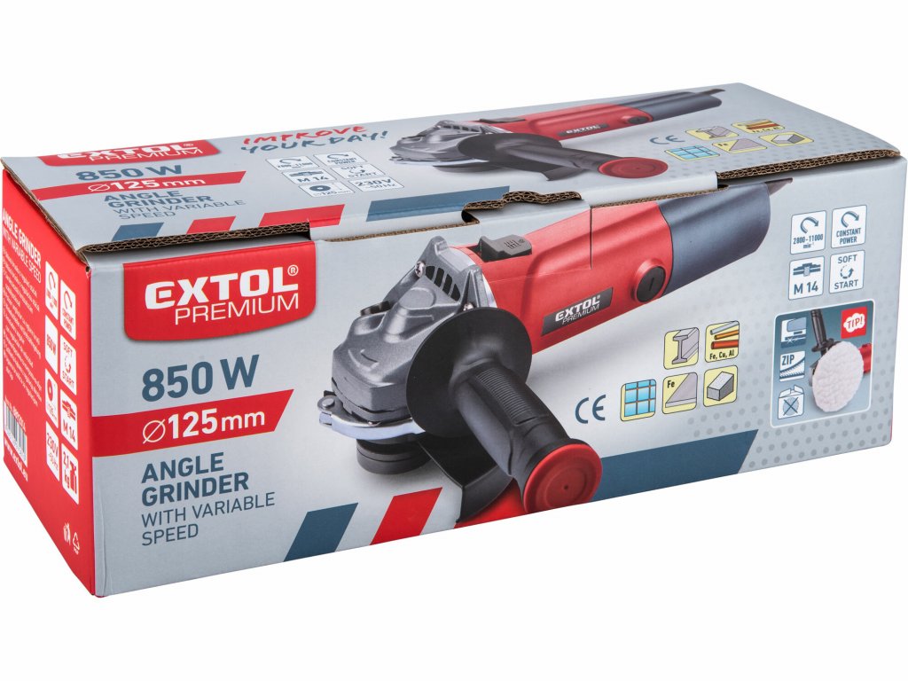 Brúska uhlová, príkon 850W, priemer 125mm, regulácia otáčok, bezpečnostný spínač, EXTOL PREMIUM