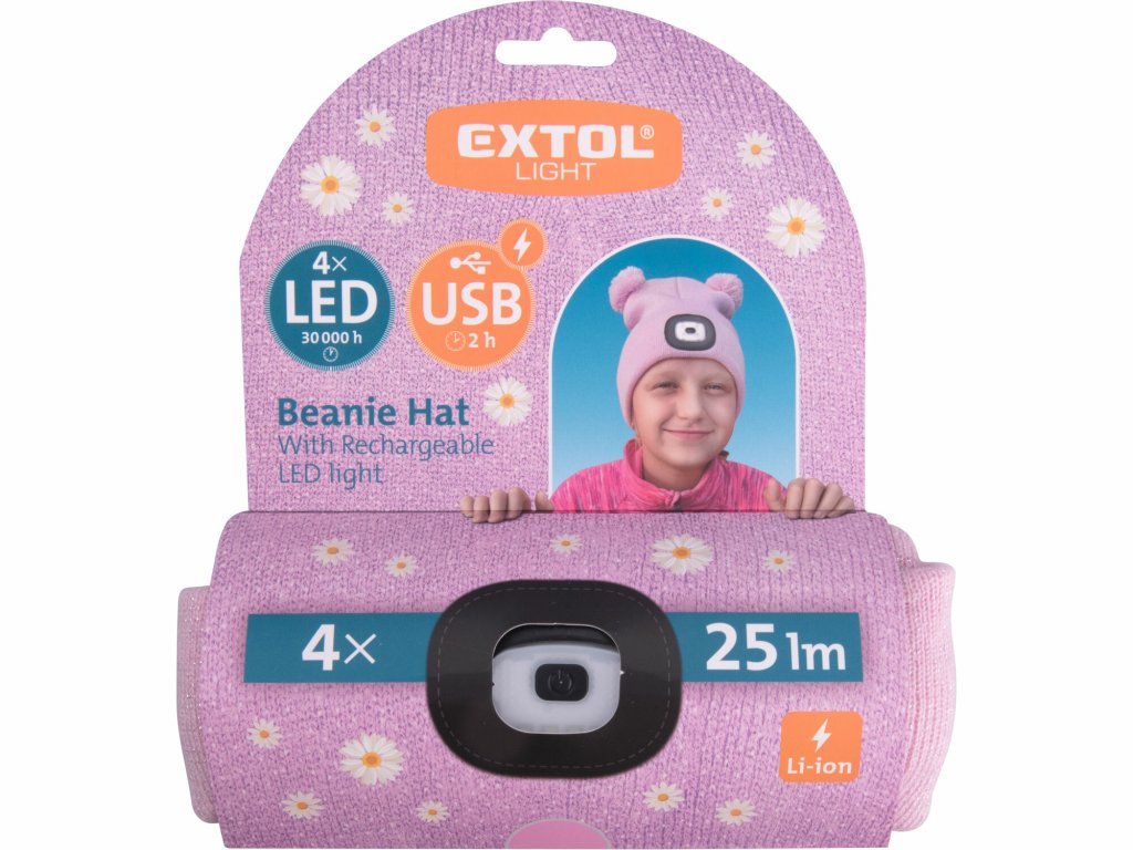 Čiapka ružová detská s čelovým svetlom, LED 4x25lm, 250mAh Li-ion, nabíjanie cez USB, EXTOL LIGHT