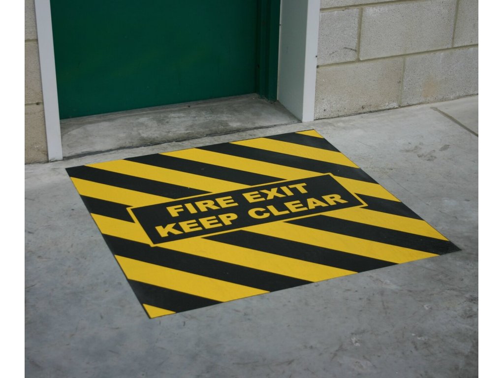 Čierno-žltá korundová protišmyková páska s potlačou FLOMA Fire Exit Marker - 100 x 100 cm