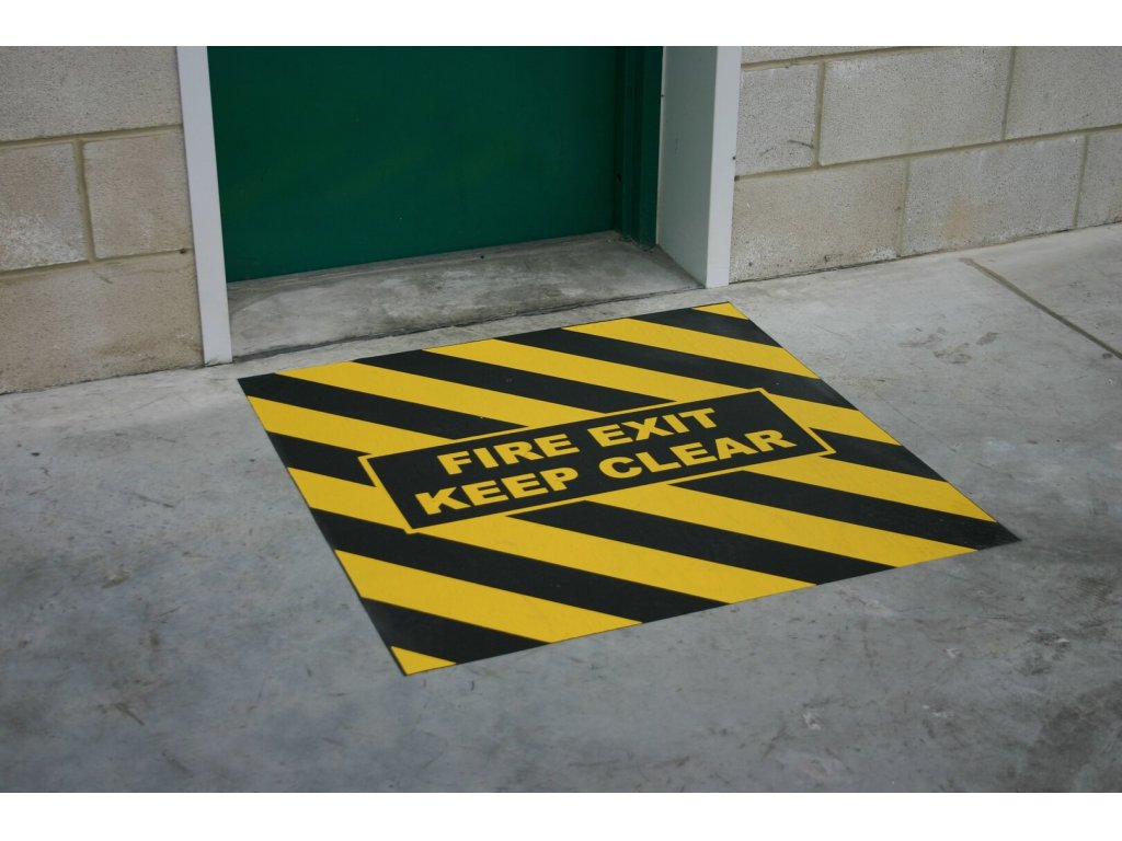 Čierno-žltá korundová protišmyková páska s potlačou FLOMA Fire Exit Marker - 150 x 100 cm