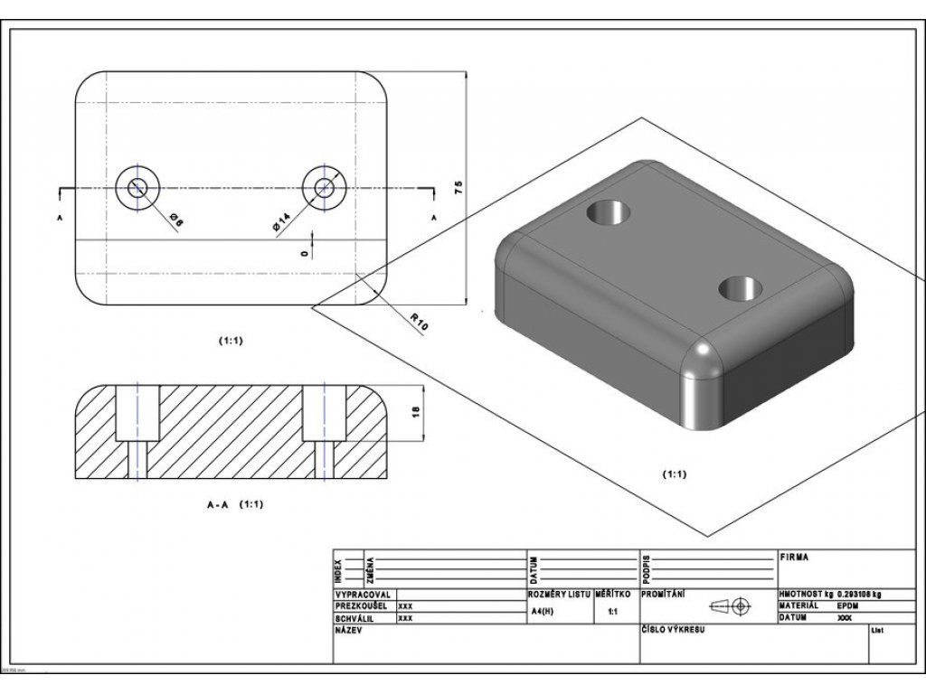 Čierny gumový doraz na rampe FLOMA - 10 x 7,5 cm a hrúbka 3 cm