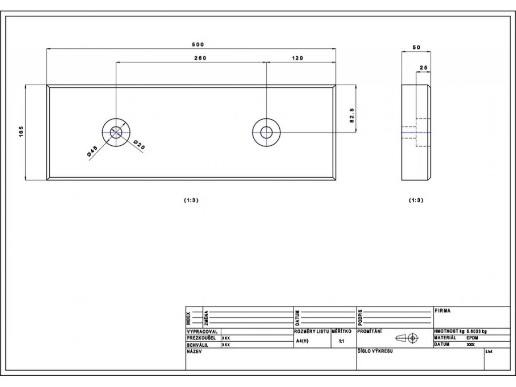 Čierny gumový doraz na rampe FLOMA - 50 x 16,5 cm a hrúbka 5 cm