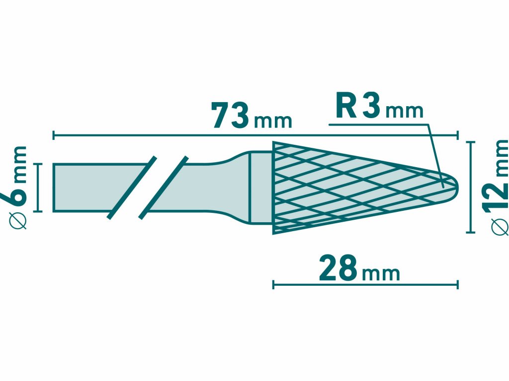 Fréza karbidová kónická, pologuľaté čelo, Ø12mm, EXTOL INDUSTRIAL