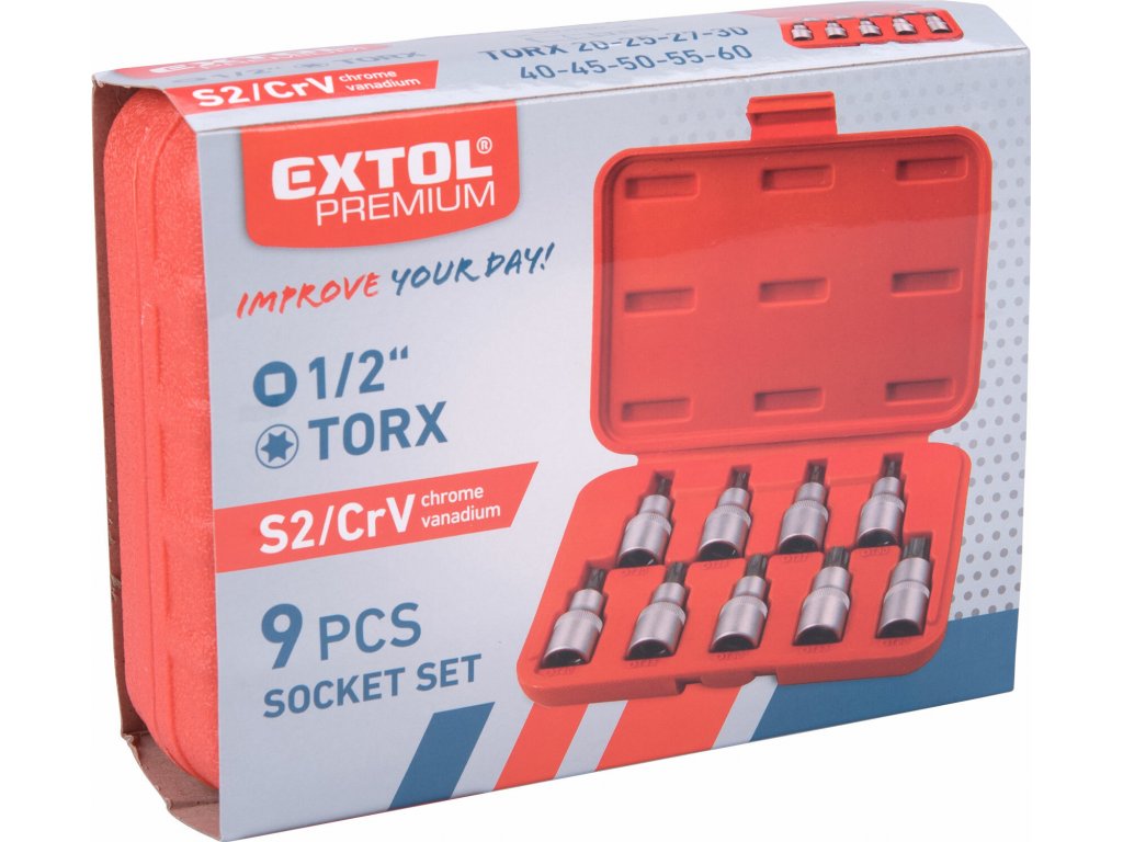 Hlavice zástrčné TORX, 9-dielna sada, CrV/S2, EXTOL PREMIUM