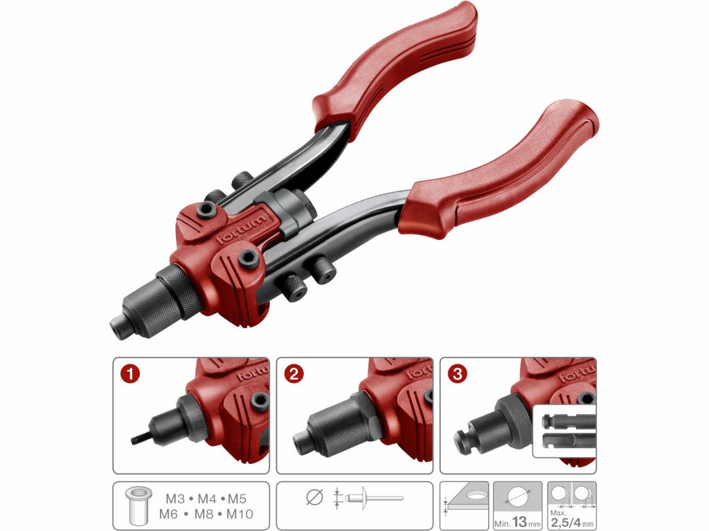 Kliešte nitovacie a vysekávacie 3v1, nity 2,4-6,4mm, matice M3-M10, FORTUM