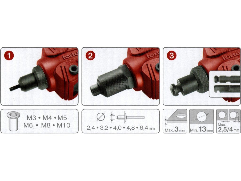 Kliešte nitovacie a vysekávacie 3v1, nity 2,4-6,4mm, matice M3-M10, FORTUM