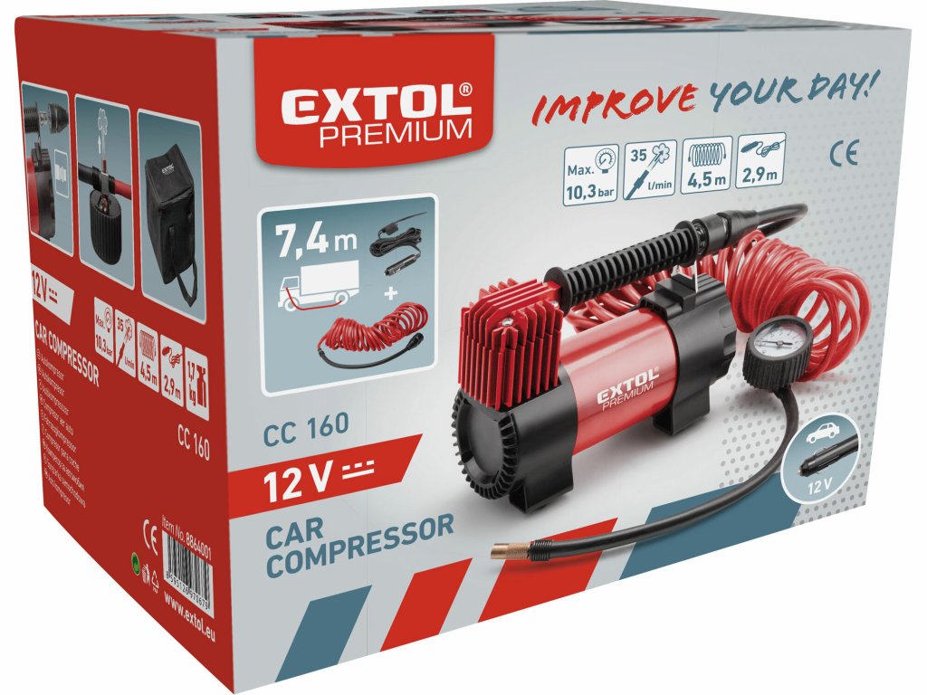 Kompresor do auta, 12V, 6,9bar, 3m hadica s tlakomerom, EXTOL PREMIUM