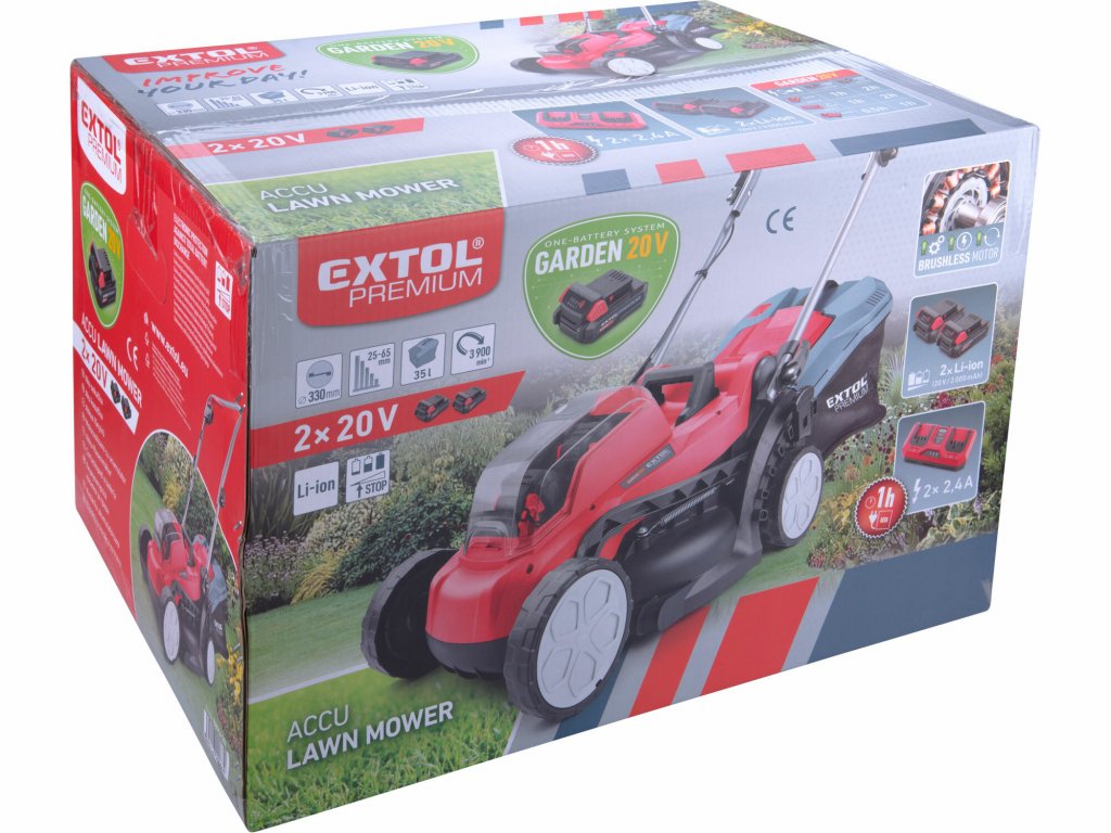 Kosačka na trávu akumulátorová, Garden 20V/2x2Ah, priemer kosenia 33cm, EXTOL PREMIUM