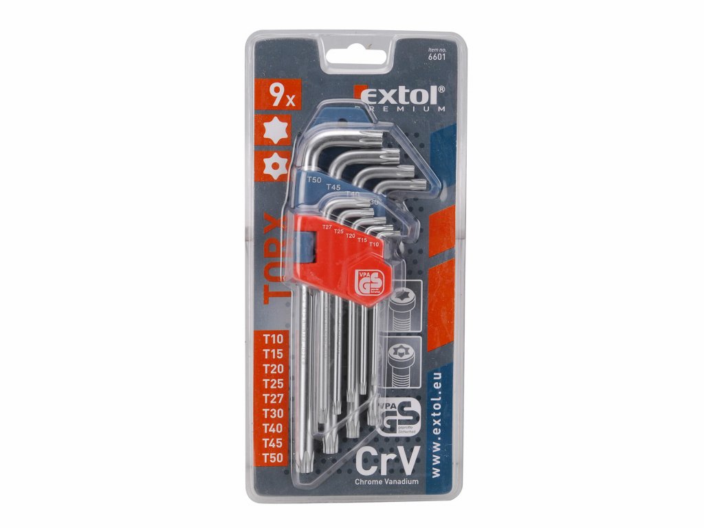 Kľúče Torx s dierkou, 9-dielna sada, T10-50, CrV, EXTOL PREMIUM