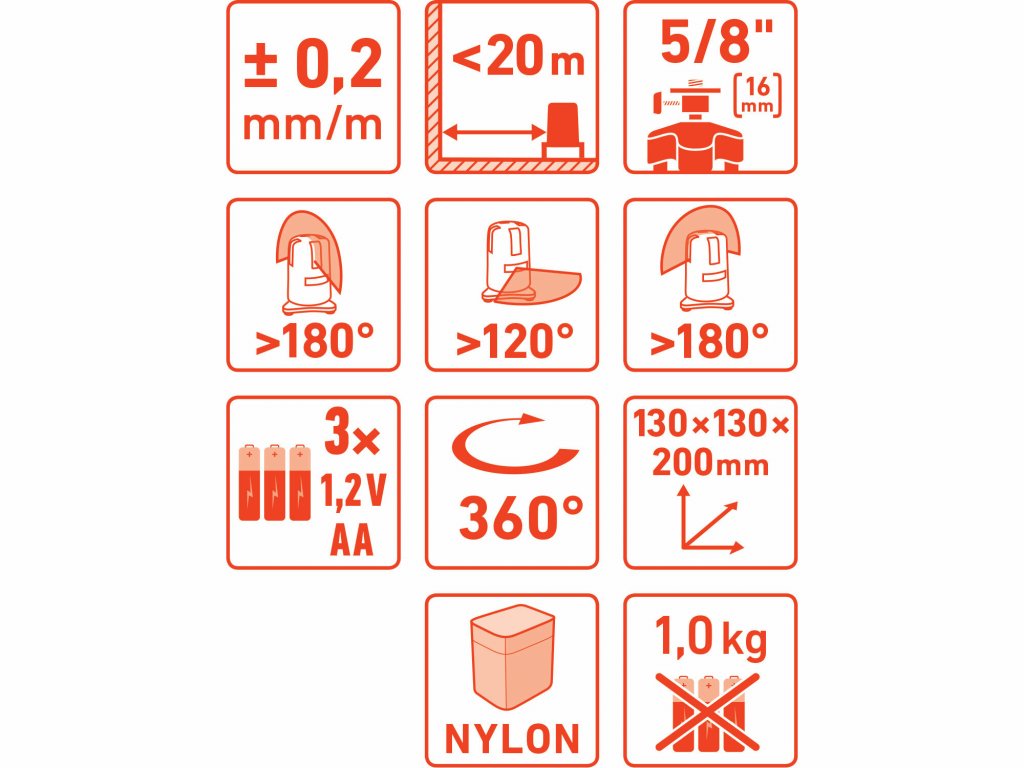 Laser líniový, krížový samonivelačný, červený, 1H-4V-6B, Li-ion akumulátor, USB nabíjanie, EXTOL PRE