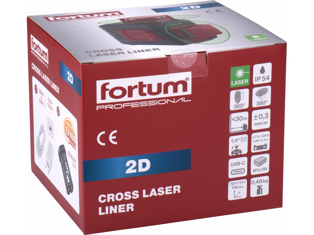 Laser líniový, krížový samonivelačný, zelený, 2D(1H360+1V360), Li-ion akumulátor, FORTUM